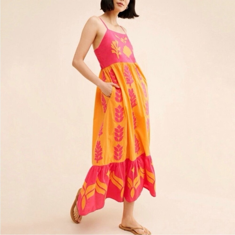 Banjanan X Anthropologie Hazel Orange Pink Maxi Dress Appliqué Fiesta Size XXL